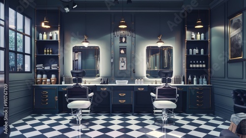 An interior layout for a modern, small, hair salon or beauty parlor in luxury style. Include styling chairs with mirrors and sleek storage for tools.