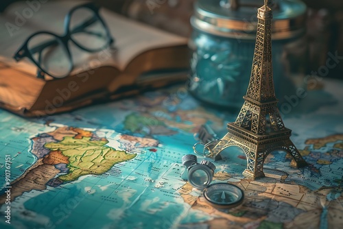 A Miniature Eiffel Tower on a World Map with a Compass and Glasses, Symbolizing Travel and Exploration.