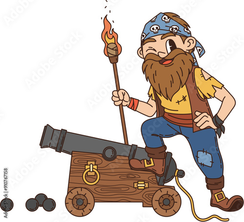 Cartoon groovy pirate and corsair character stands by a cannon. Isolated vector rover personage with a large beard and bandana is lighting the cannon, ready for battle, with cannonballs at his feet