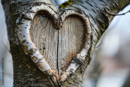 Close-up of a heart shape carved into a tree branch, symbolizing love and romance generative ai photo