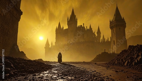Spooky Castle at Dusk with Mysterious Figure