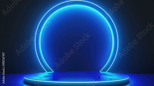 Neon show light podium stage blue background. vector illustration. Virtual 3D podium hud design technology background