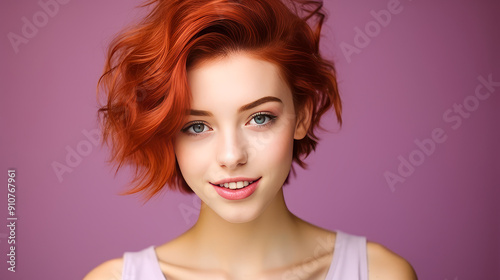 Wallpaper Mural Portrait of a smiling cheerful teenage girl with a short haircut and red hair, purple background, banner. Torontodigital.ca