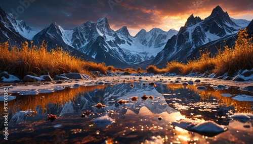 Snow-Capped Mountains at Sunset Reflection