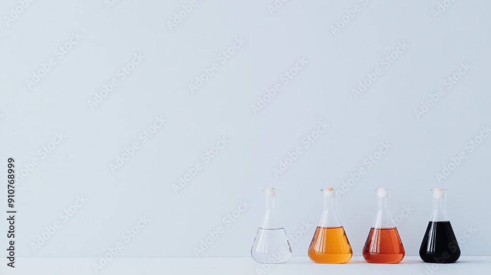 Vivid Beakers Filled with Colorful Food Extracts on Solid Colored Background