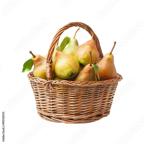 Basket of pears isolated on white transparent background. fresh fruit harvesting concept.