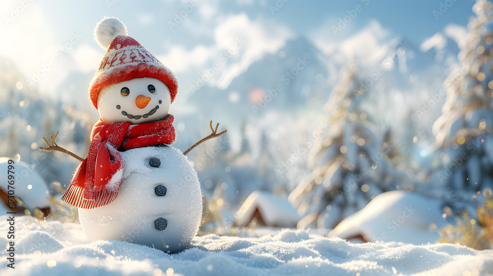 Obraz premium Panoramic view of happy snowman in winter scenery. Close-up