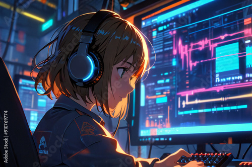 Beautiful anime girl working on a computer while wearing headphones.
