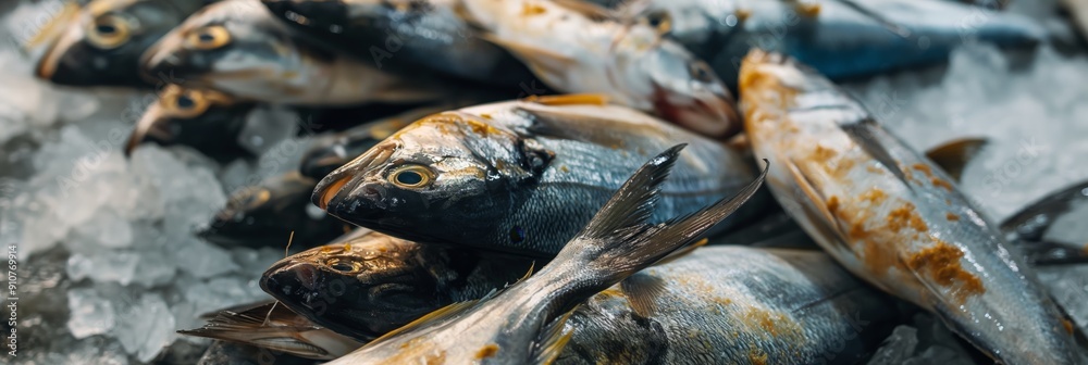 An assortment of freshly caught fish laid out on ice at a fish market, representing the freshness and variety of seafood available for purchase. An assortment of freshly caught fish laid out on ice at a fish market, representing the freshness and variety of seafood available for purchase.