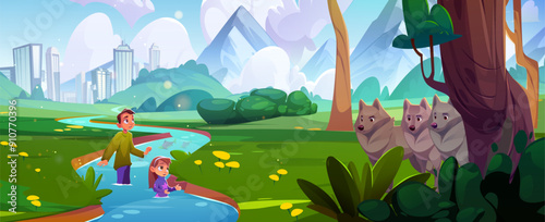 Scared children hiding in river from wolf. Vector cartoon illustration teen boy and little girl standing in water, wild animals in forest, modern cityscape and mountains background, summer adventure