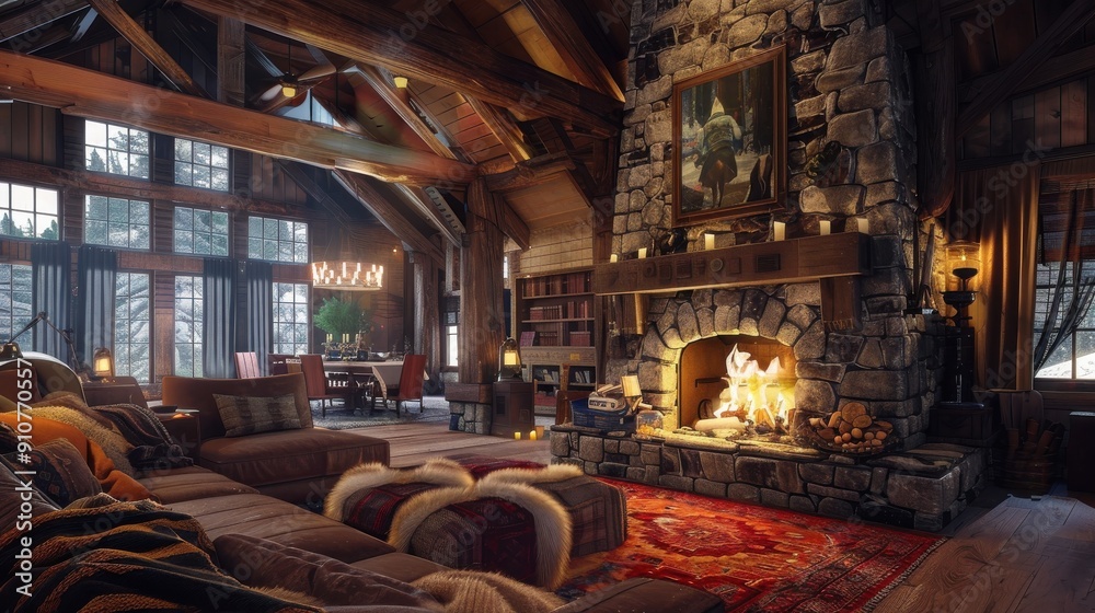 This is a photo of a cozy cabin living room with a large stone ...