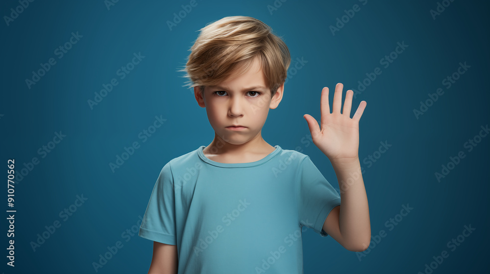 A Boy making stop gesture Sign of bullying standing on blue background, Stop bullying concept. A Boy making stop gesture Sign of bullying standing on blue background, Stop bullying concept.