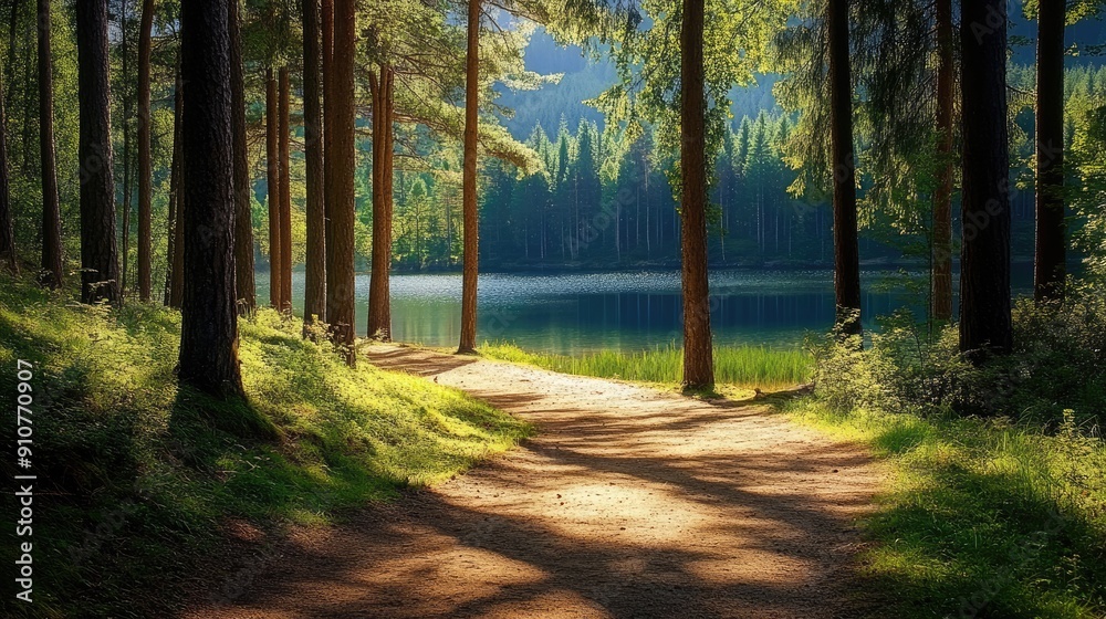 Obraz premium Forest Path Leading to a Serene Lake
