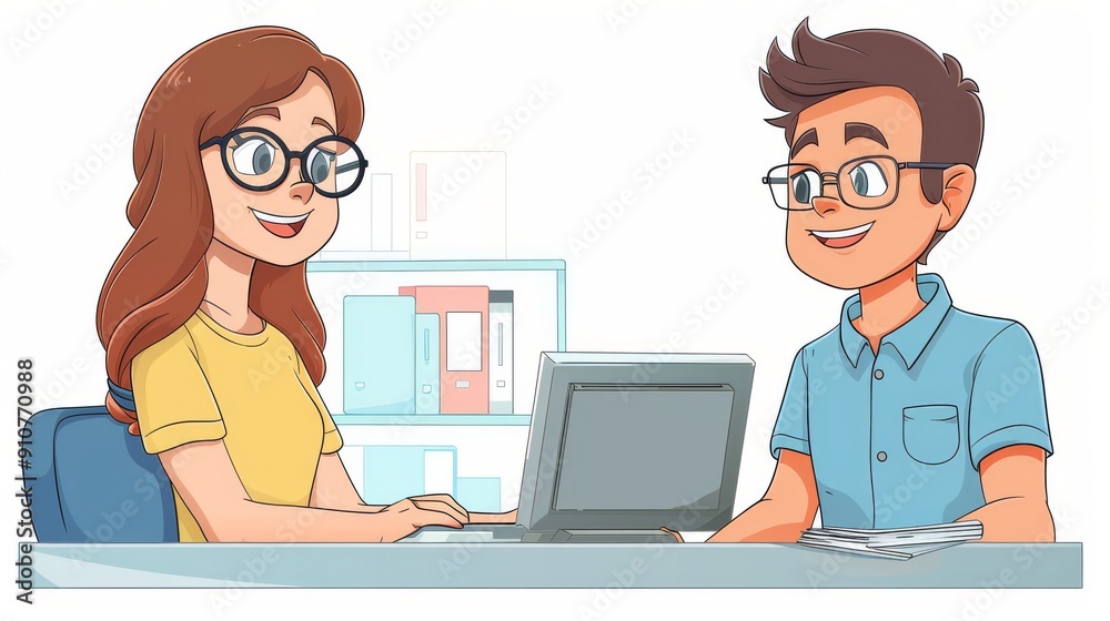 Cartoon vector happy customer receiving excellent service from a smiling representative Cartoon vector happy customer receiving excellent service from a smiling representative