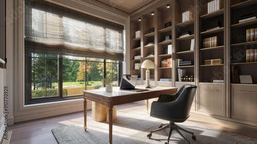 Study room with black Roller Shades, neutral window treatment and window panels, in the style of twisted branches, countryside