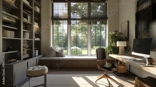 Study room with black Roller Shades, neutral window treatment and window panels, in the style of twisted branches, countryside