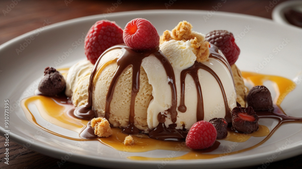 National Frozen Custard Day. Ice cream dessert with topping on the plate National Frozen Custard Day. Ice cream dessert with topping on the plate