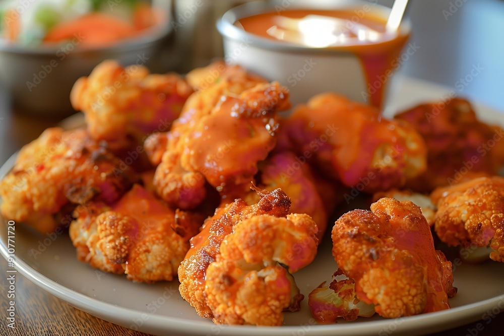 A plate of crispy fast food cauliflower wings A plate of crispy fast food cauliflower wings