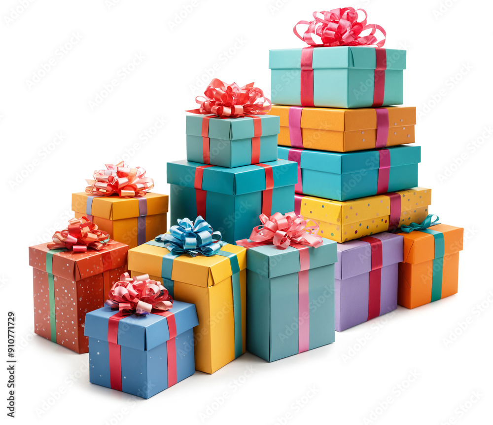 Obraz premium colorful pile of gifts or stacked gift packages, gift boxes as vibrant stack of presents wrapped and with festive ribbons, isolated