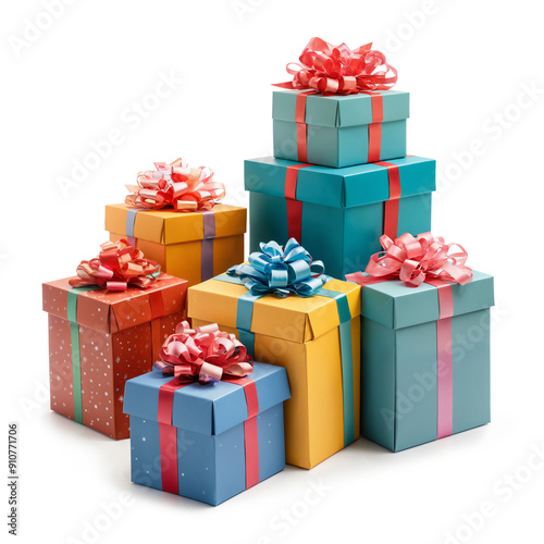 colorful pile of gifts or stacked gift packages, gift boxes as vibrant stack of presents wrapped and with festive ribbons, isolated photo