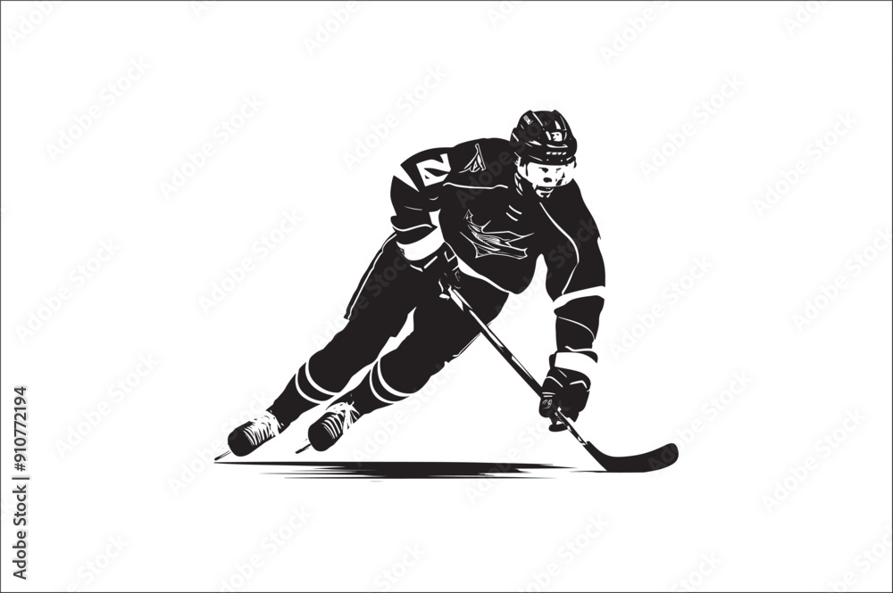 Fototapeta premium Ice Hockey Player Silhouette vector illustration on white background. Ice hockey player, isolated vector silhouette.