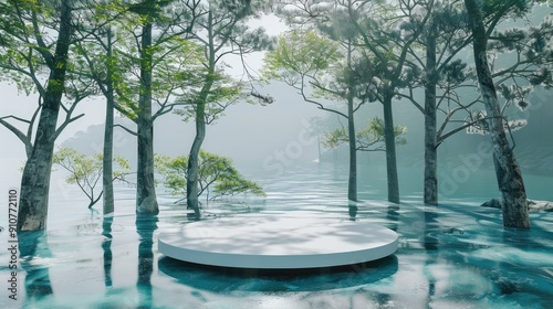 3d render white pedestal podium with trees and forest over blue water in the style of minimalist stage designs, large format lens, weather core, serene seascapes, soft inspiration