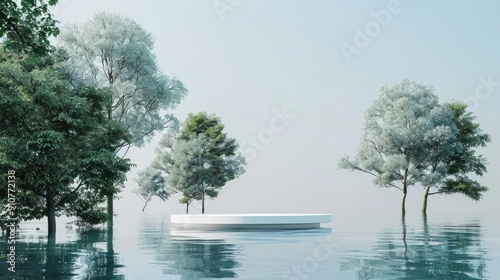 3d render white pedestal podium with trees and forest over blue water in the style of minimalist stage designs, large format lens, weather core, serene seascapes, soft inspiration