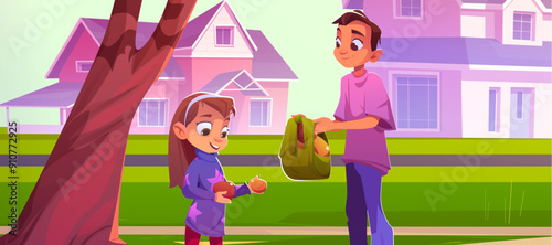 Teen brother giving apple to little sister. Vector cartoon illustration of boy taking care of girl, helping with backpack, family support, suburban town street with houses, green lawn and trees