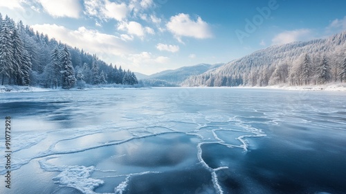 Frozen Lake Surrounded by Snow-Covered Fir Trees under a Blue Sky