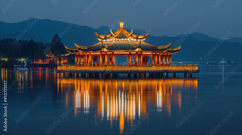 Fototapeta premium Illuminated Pagoda on a Serene Lake