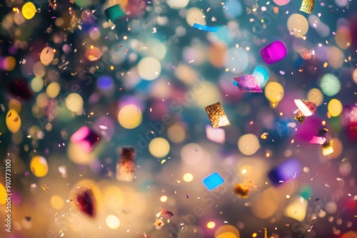 Vibrant confetti pieces falling amidst soft, glowing bokeh lights, creating a festive and celebratory atmosphere