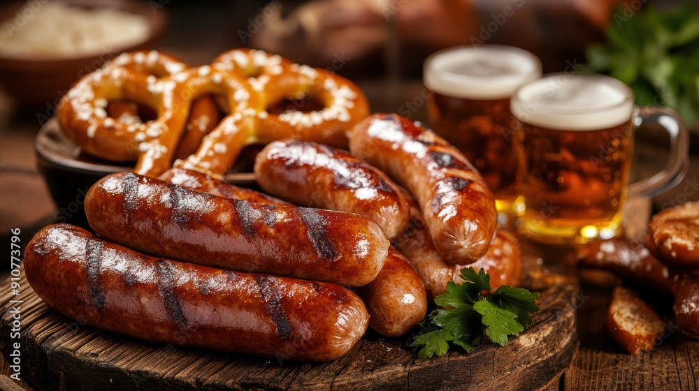 Juicy sausages grilled to perfection with pretzels and beer mugs, evoking the flavors and festivities of a hearty meal and shared moments. Juicy sausages grilled to perfection with pretzels and beer mugs, evoking the flavors and festivities of a hearty meal and shared moments.