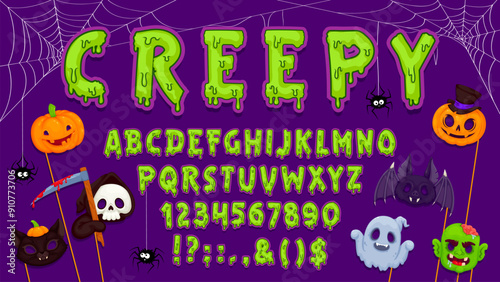 Creepy Halloween font, zombie typeface, spooky Helloween alphabet scary type with cartoon monsters masks. English abc characters vector font, green slime letters and numbers, Halloween pumpkin, ghosts