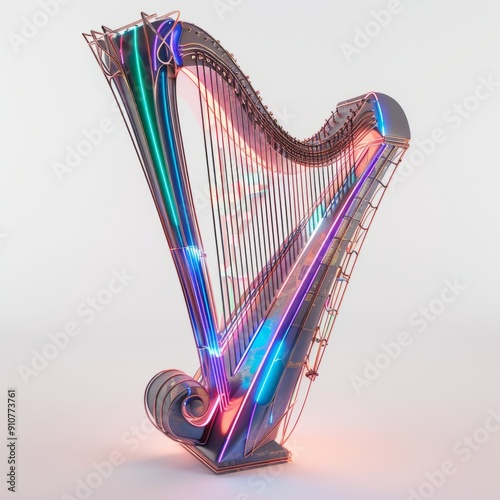 3D Render, Low Poly style of a glowing, sci-fi harp with energy strings, on isolated white background