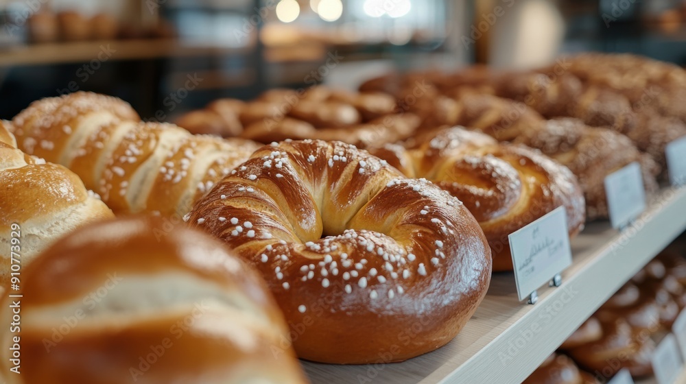 Rows of freshly baked pretzels and bread rolls with a golden-brown crust are displayed in a bakery, ready to be enjoyed. Rows of freshly baked pretzels and bread rolls with a golden-brown crust are displayed in a bakery, ready to be enjoyed.