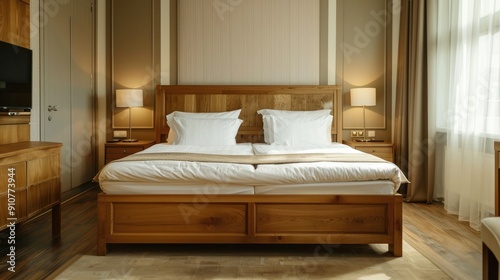 Wooden bed in a hotel room, in the style of dark beige and light amber, expansive spaces, vibrant colours, light silver and gold, focus on materials,
