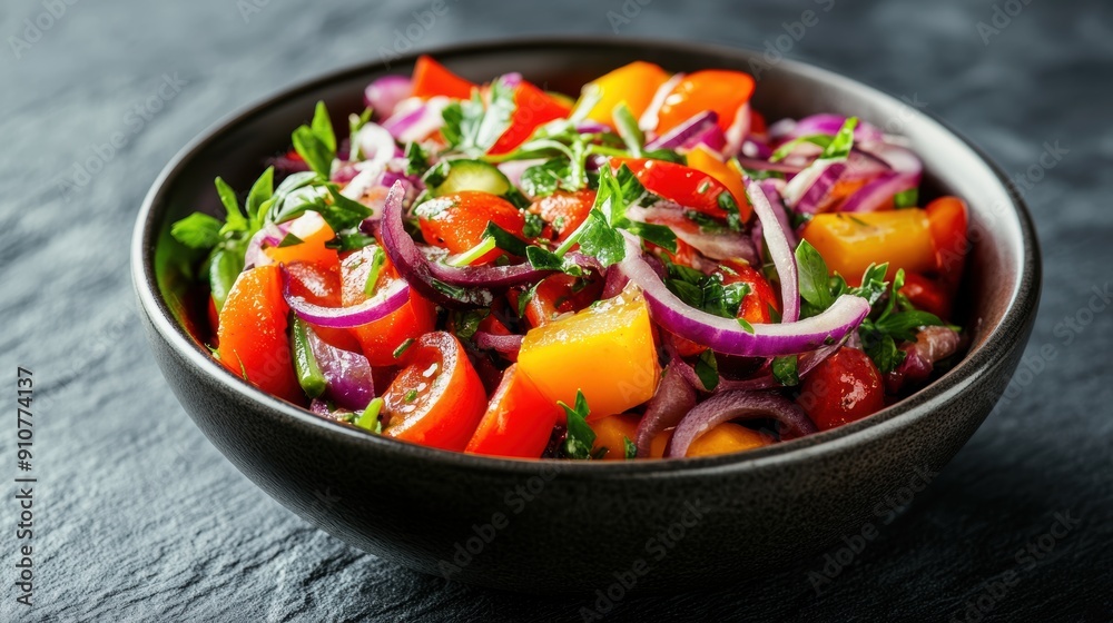 A bowl of vibrant, fresh salad with tomatoes, bell peppers, red onions, and leafy greens, perfectly arranged on a dark, textured surface. A bowl of vibrant, fresh salad with tomatoes, bell peppers, red onions, and leafy greens, perfectly arranged on a dark, textured surface.