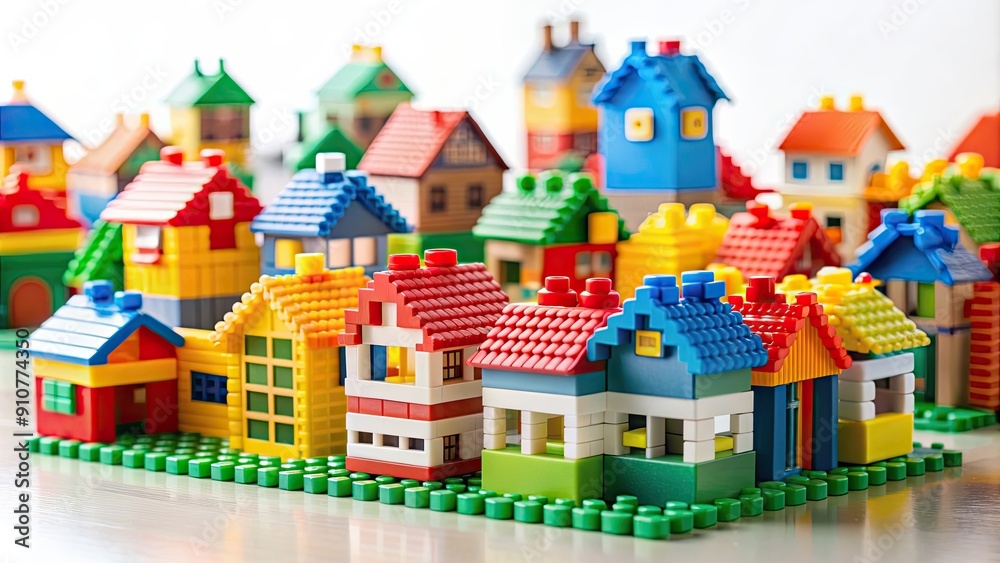 Fototapeta premium Small building blocks forming a colorful village, architecture, construction, community, miniature, toy, cityscape