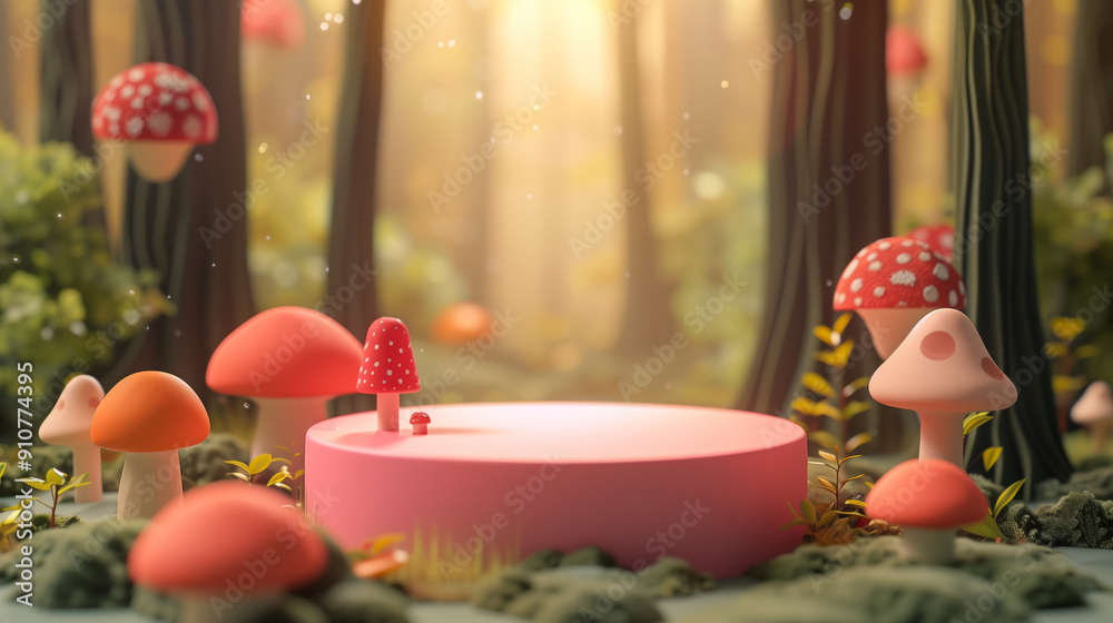 A whimsical depiction of vibrant, stylized mushrooms set against the soft, magical glow of a sunlit forest backdrop A whimsical depiction of vibrant, stylized mushrooms set against the soft, magical glow of a sunlit forest backdrop