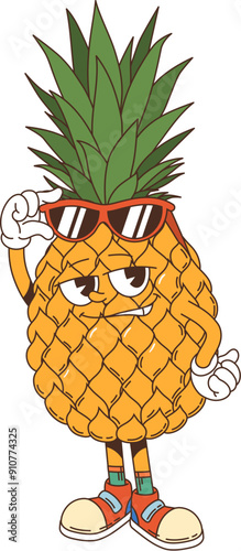 Cartoon groovy pineapple retro character wearing sunglasses and sneakers. Isolated vector ripe tropical pineapple fruit has an expressive face and a confident pose, giving off a cool and relaxed vibe