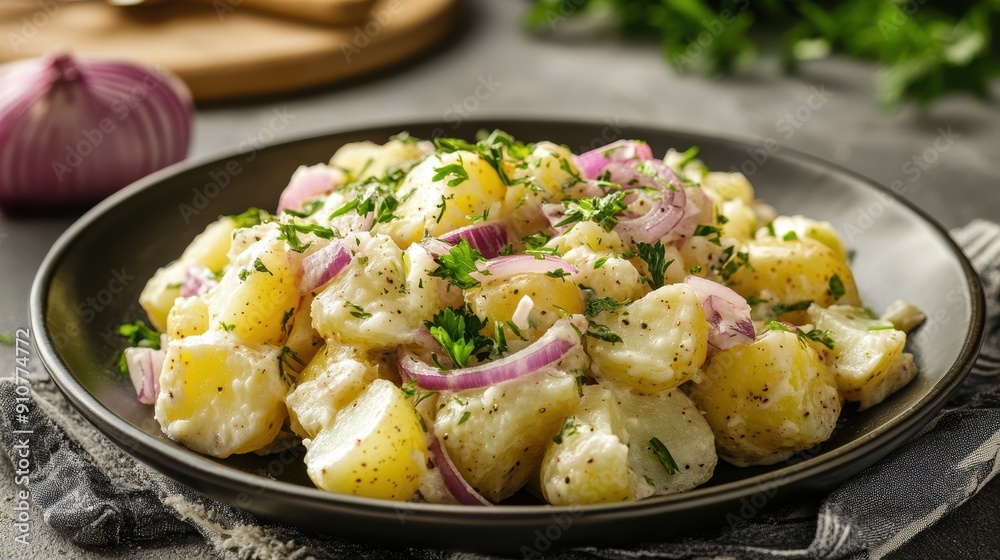 A vibrant potato salad with red onions, parsley, and a creamy dressing, served on a dark plate, creating a visually appealing and fresh side dish. A vibrant potato salad with red onions, parsley, and a creamy dressing, served on a dark plate, creating a visually appealing and fresh side dish.