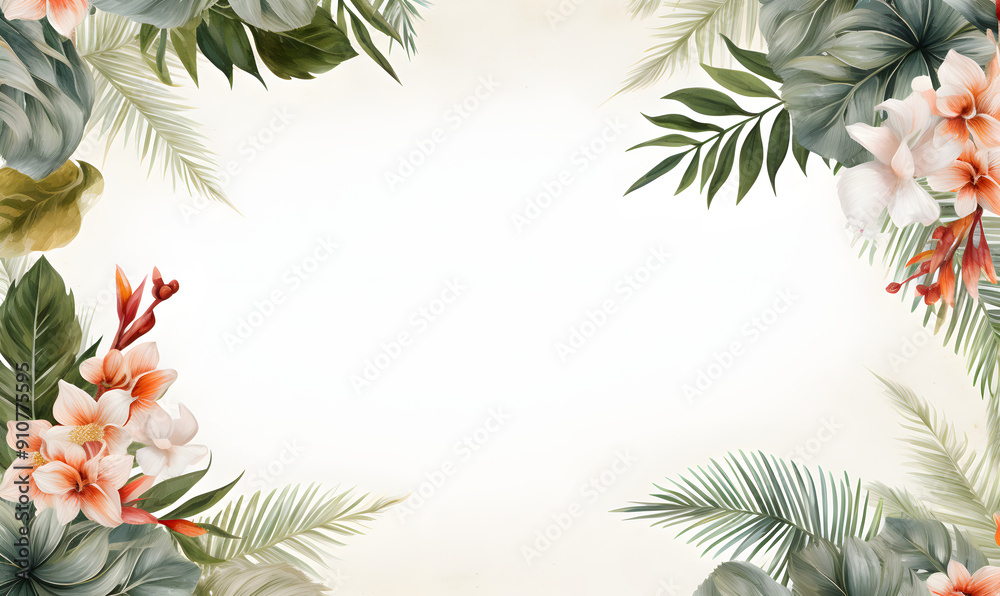 Minimal tropical leaves border on a blank off white canvas background