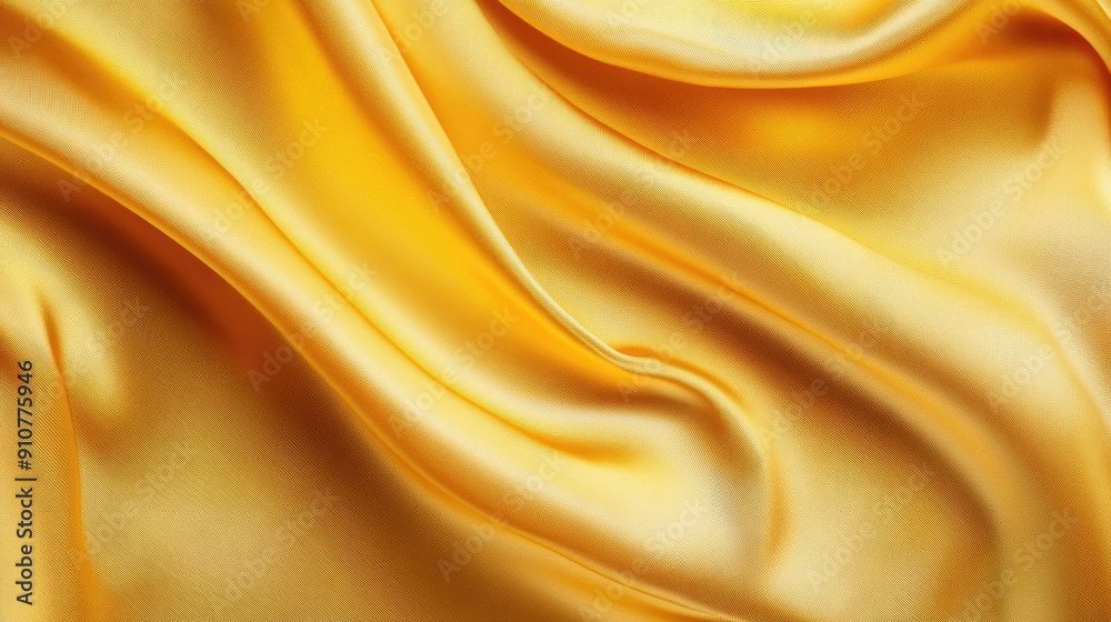 Fototapeta premium Close-up of yellow silk satin with flowing drapes, offering a luxurious and golden fabric background