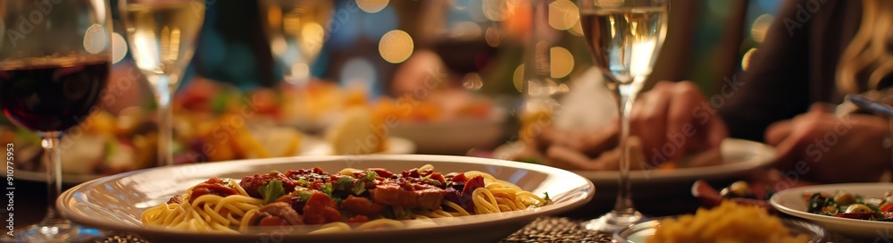 A beautifully set dinner table featuring plates of pasta, glasses of white wine, and festive atmosphere perfect for intimate gatherings.
