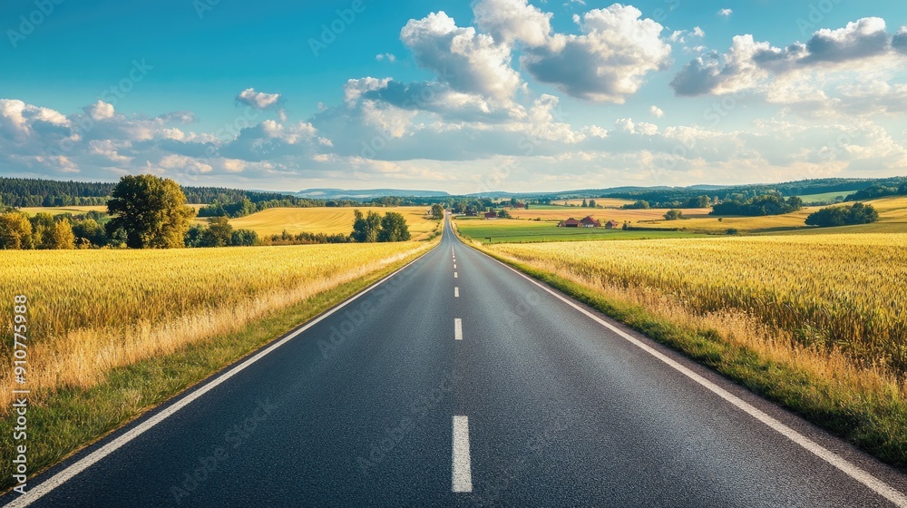 Countryside asphalt road surrounded by vast farmlands, with a small village visible in the distance Countryside asphalt road surrounded by vast farmlands, with a small village visible in the distance