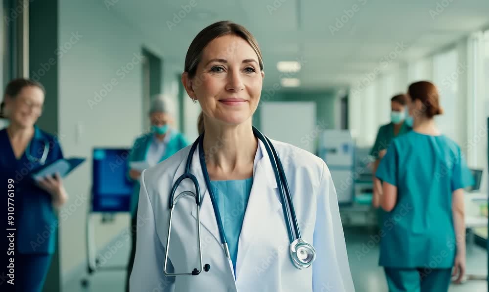 Environmental portrait video of a grinning doctor in her 40s wearing a scrub or lab coat with doctors nurses therapists Environmental portrait video of a grinning doctor in her 40s wearing a scrub or lab coat with doctors nurses therapists
