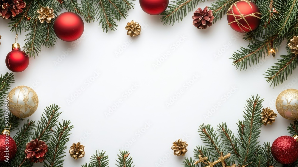 Festive Christmas frame with spruce branches, red baubles, and gold ornaments on white background, ample copy space Festive Christmas frame with spruce branches, red baubles, and gold ornaments on white background, ample copy space