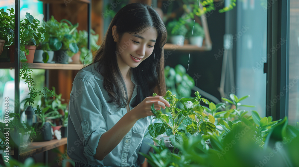 リビングルームで植物に水をやる日本人主婦