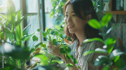 リビングルームで植物に水をやる日本人主婦