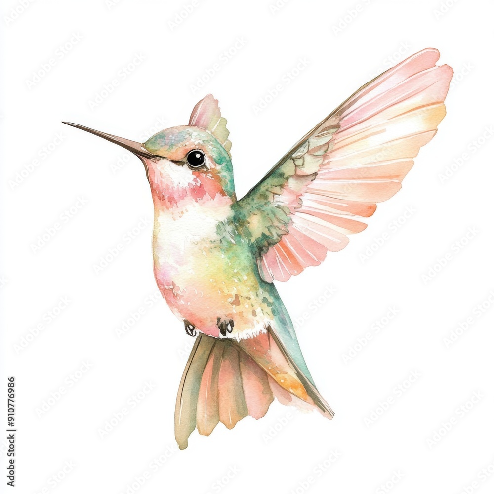 Obraz premium Sweet Watercolor Baby Hummingbird Illustration in Pastel Tones for Nursery Decor on White Background